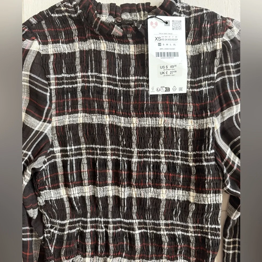 ZARA Plaid Smocked Blouse – XS – NWT